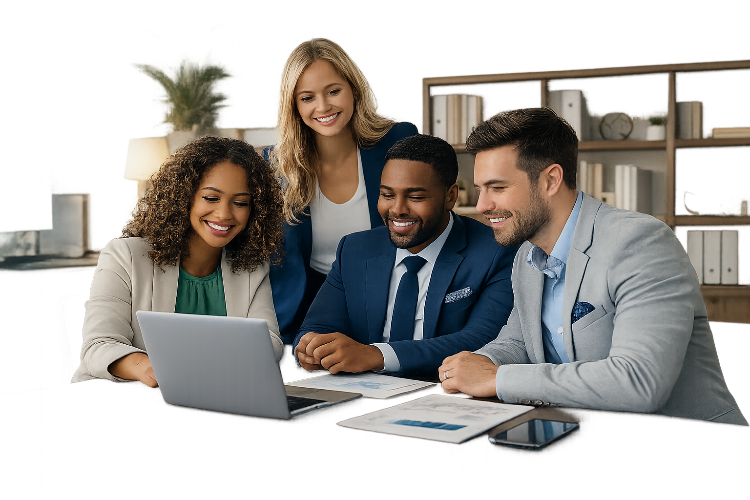 Business professionals collaborating around a laptop